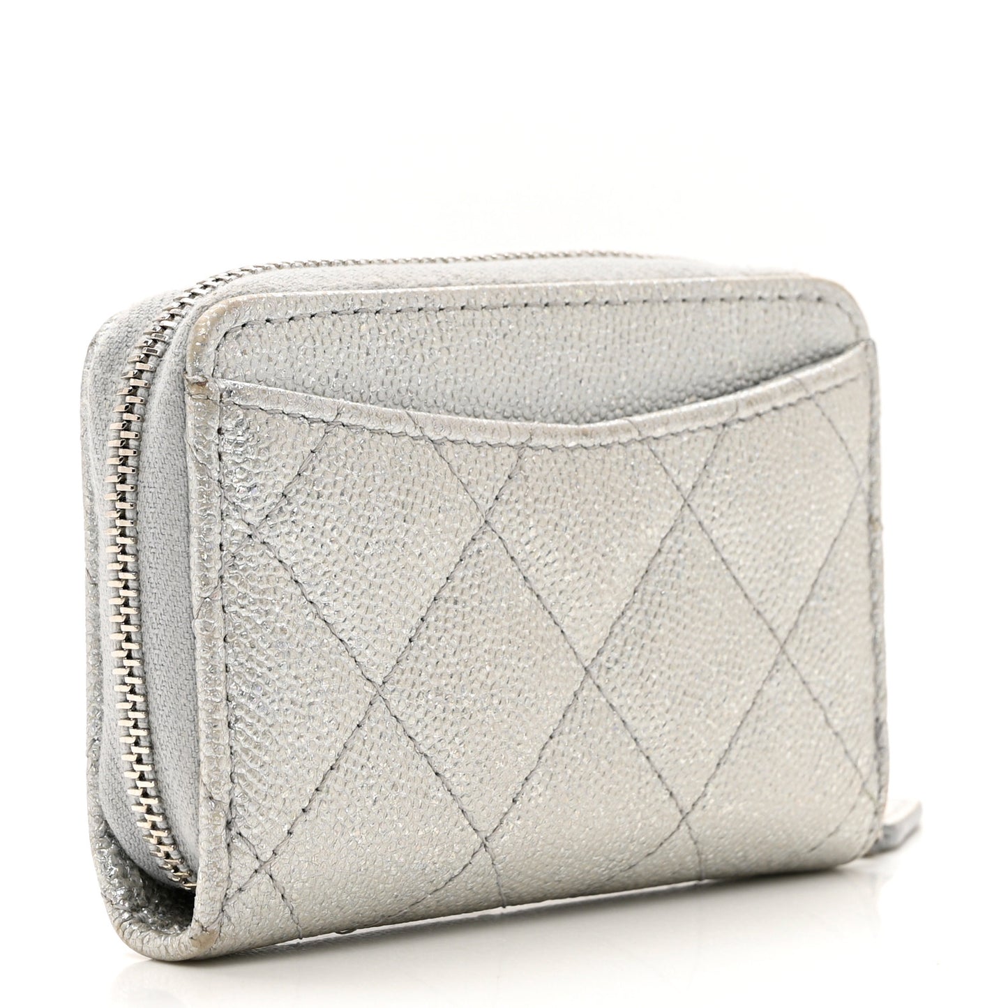 Glittered Metallic Caviar Quilted Zip Coin Purse Wallet Silver
