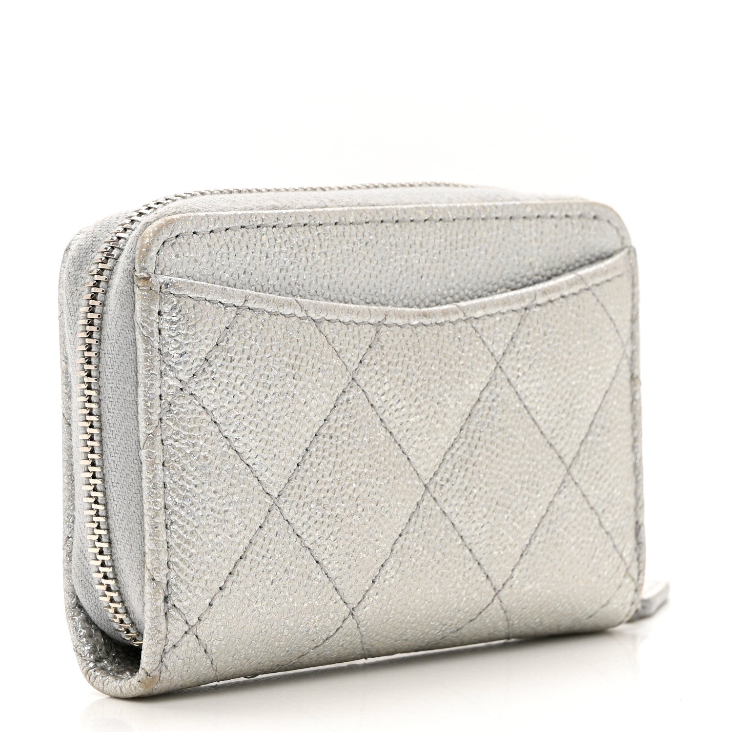 Chanel Glittered Metallic Caviar Quilted Zip Coin Purse Wallet Silver 3 of 10