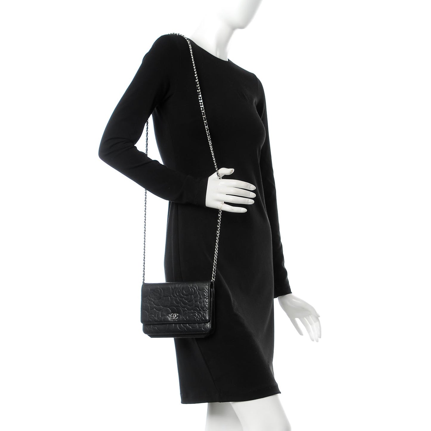 Lambskin Camellia Embossed Wallet On Chain WOC Black