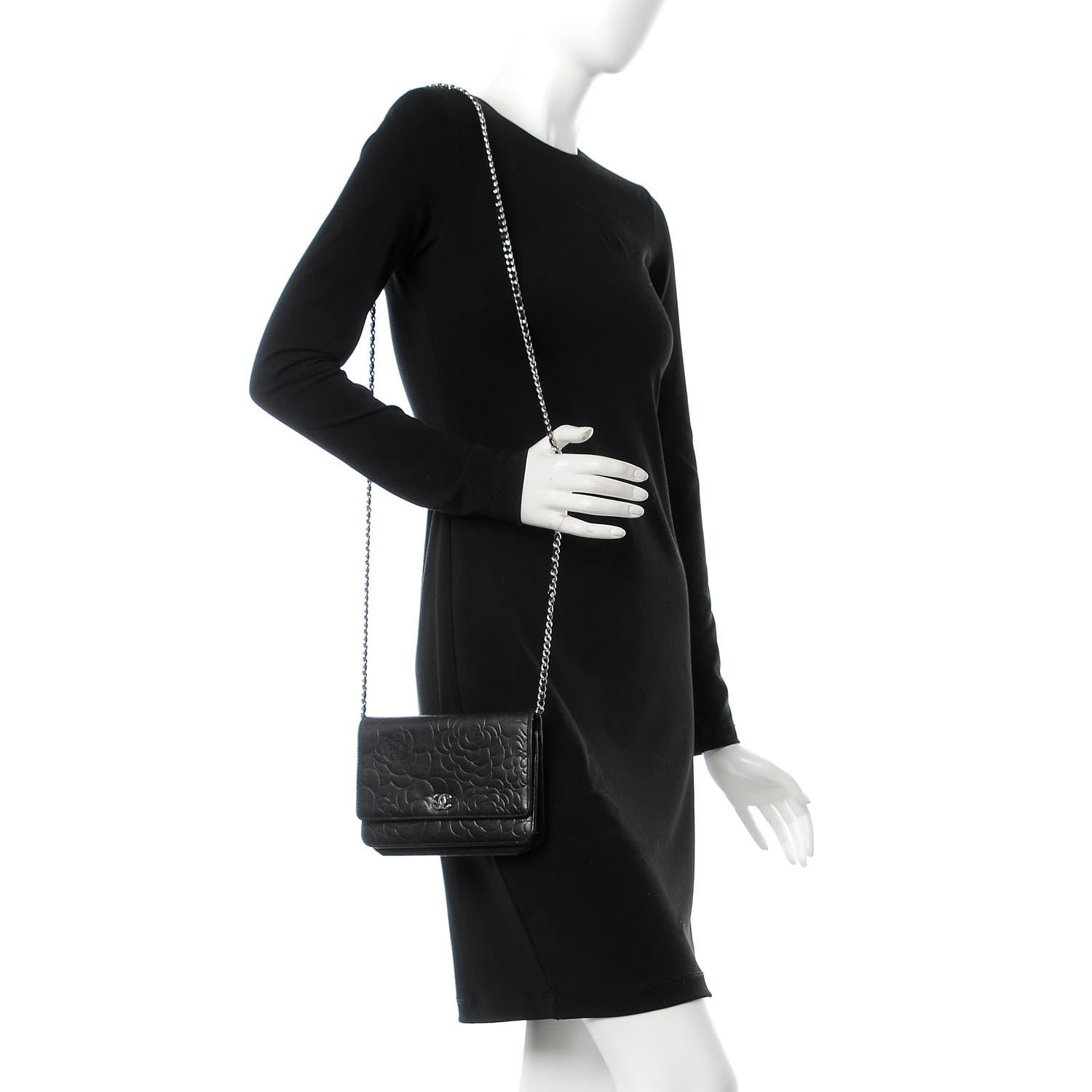 Chanel Lambskin Camellia Embossed Wallet On Chain WOC Black 2 of 9
