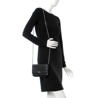 Chanel Lambskin Camellia Embossed Wallet On Chain WOC Black 2 of 9