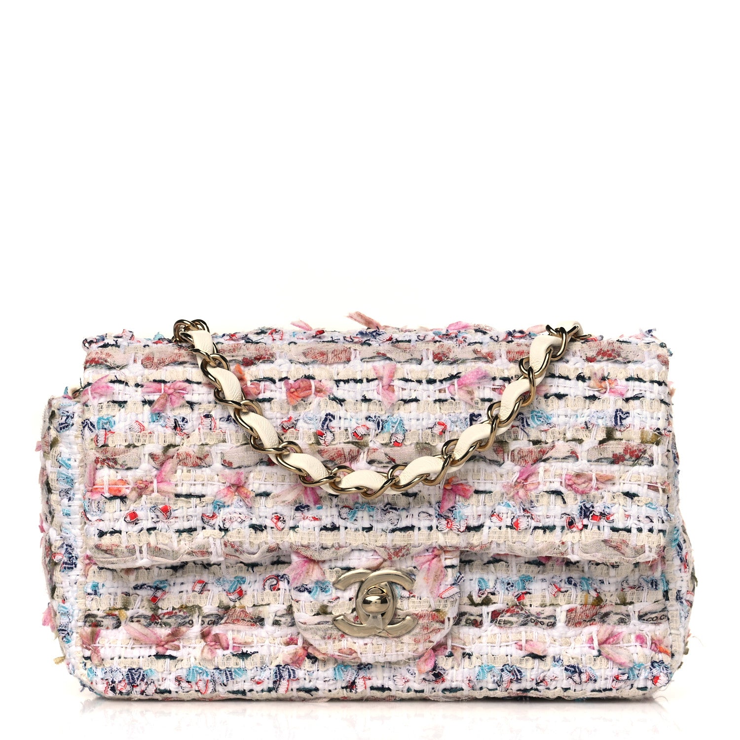 Chanel Tweed Quilted Mini Rectangular Flap Ecru Pink Blue Green 1 of 9