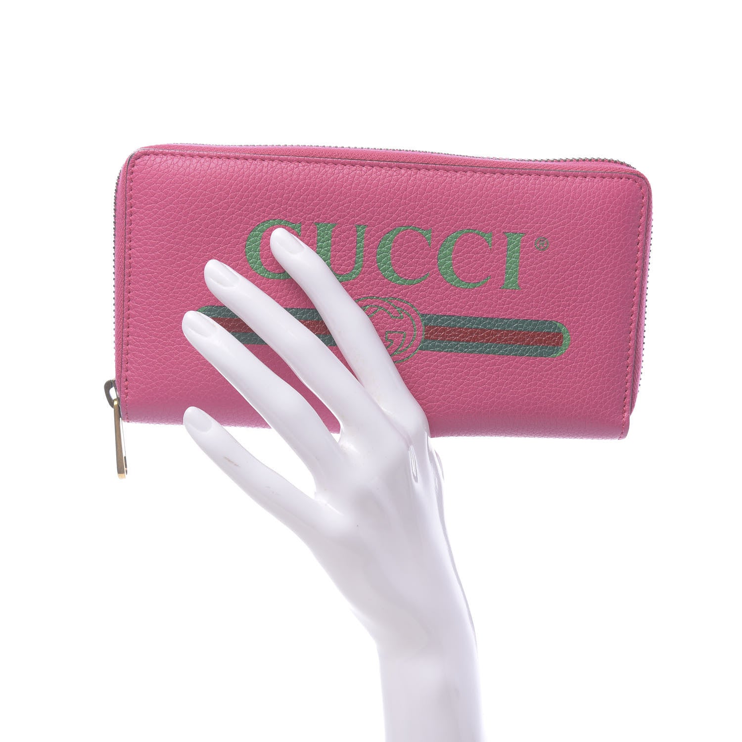 Gucci Grained Calfskin Logo Zip Around Wallet Box Pink Green 2 of 7