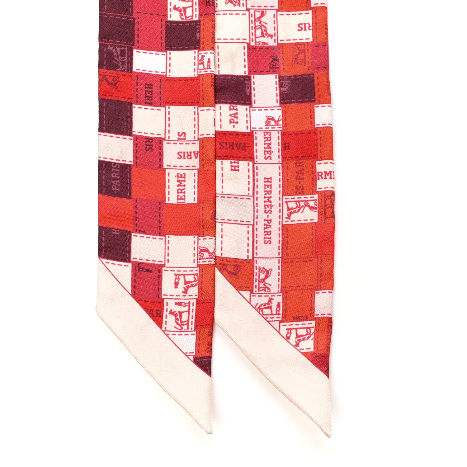 HERMES Silk Bolduc Au Carre Twilly in the colors Rouge Bordeaux Creme by fashionphile