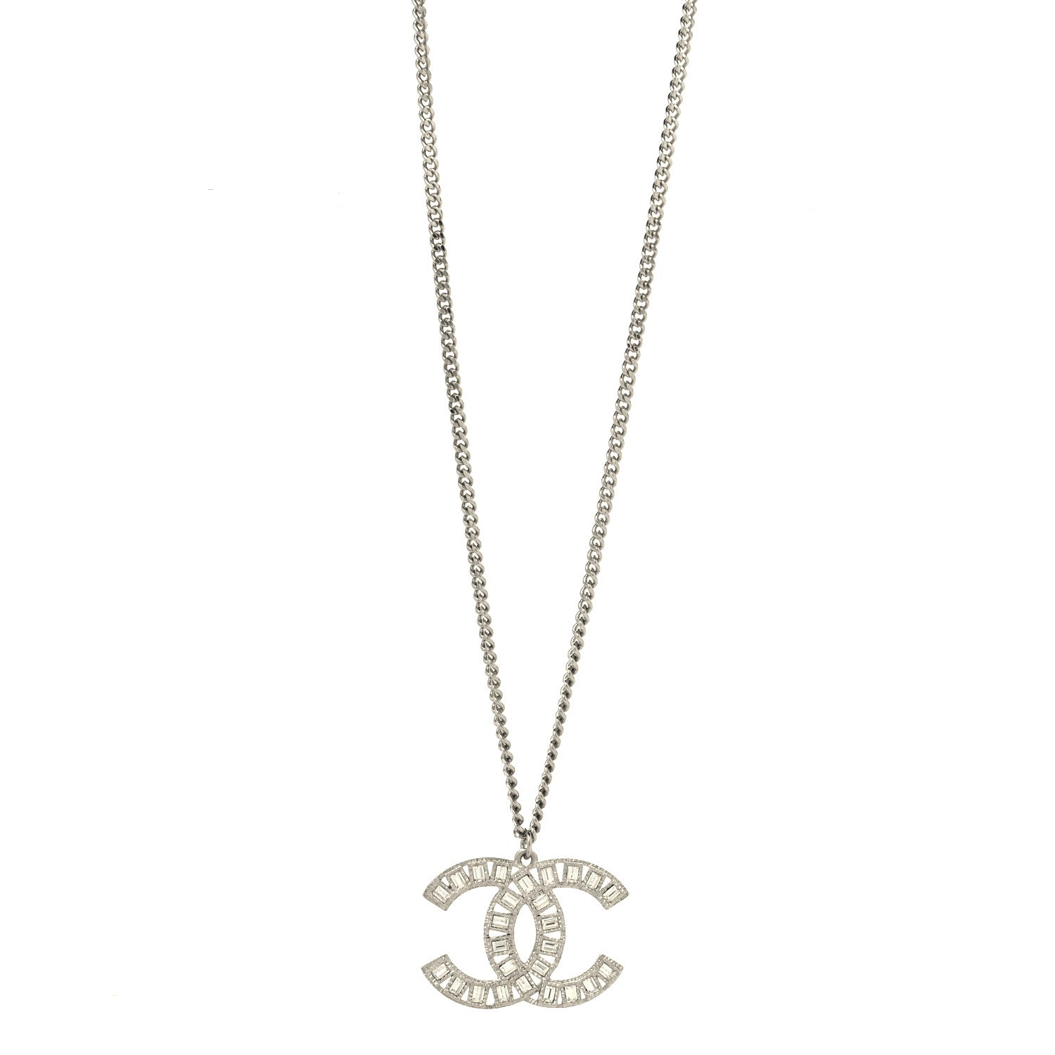 Chanel Metal Crystal CC Long Chain Necklace Silver 1 of 5
