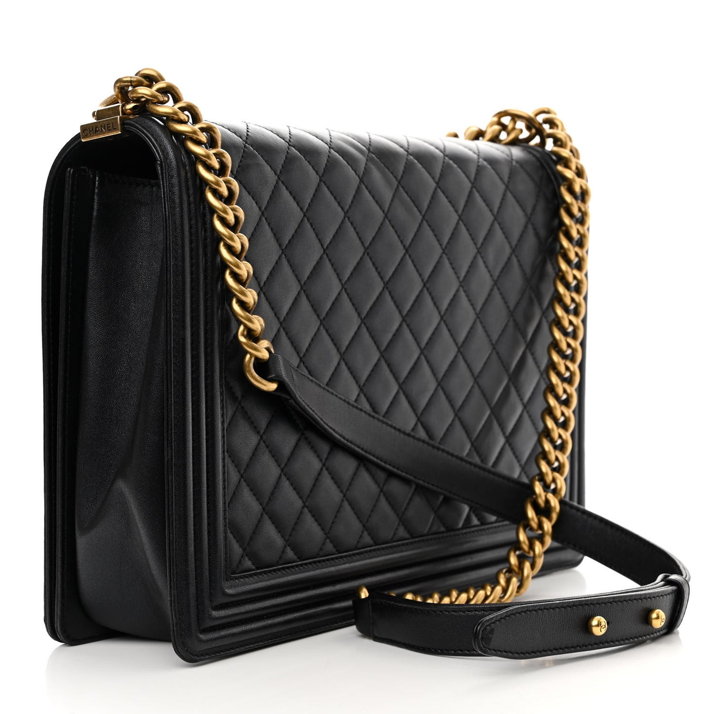 Metallic Lambskin Quilted Large Boy Flap Black