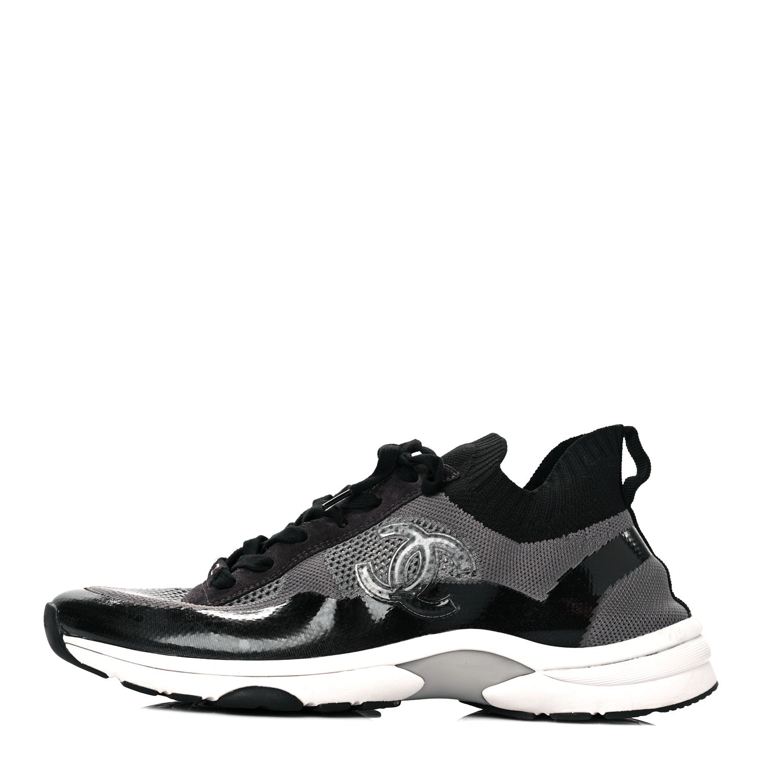 Chanel Fabric Calfskin Suede Mens CC Sneakers 45 Black Grey 1 of 8