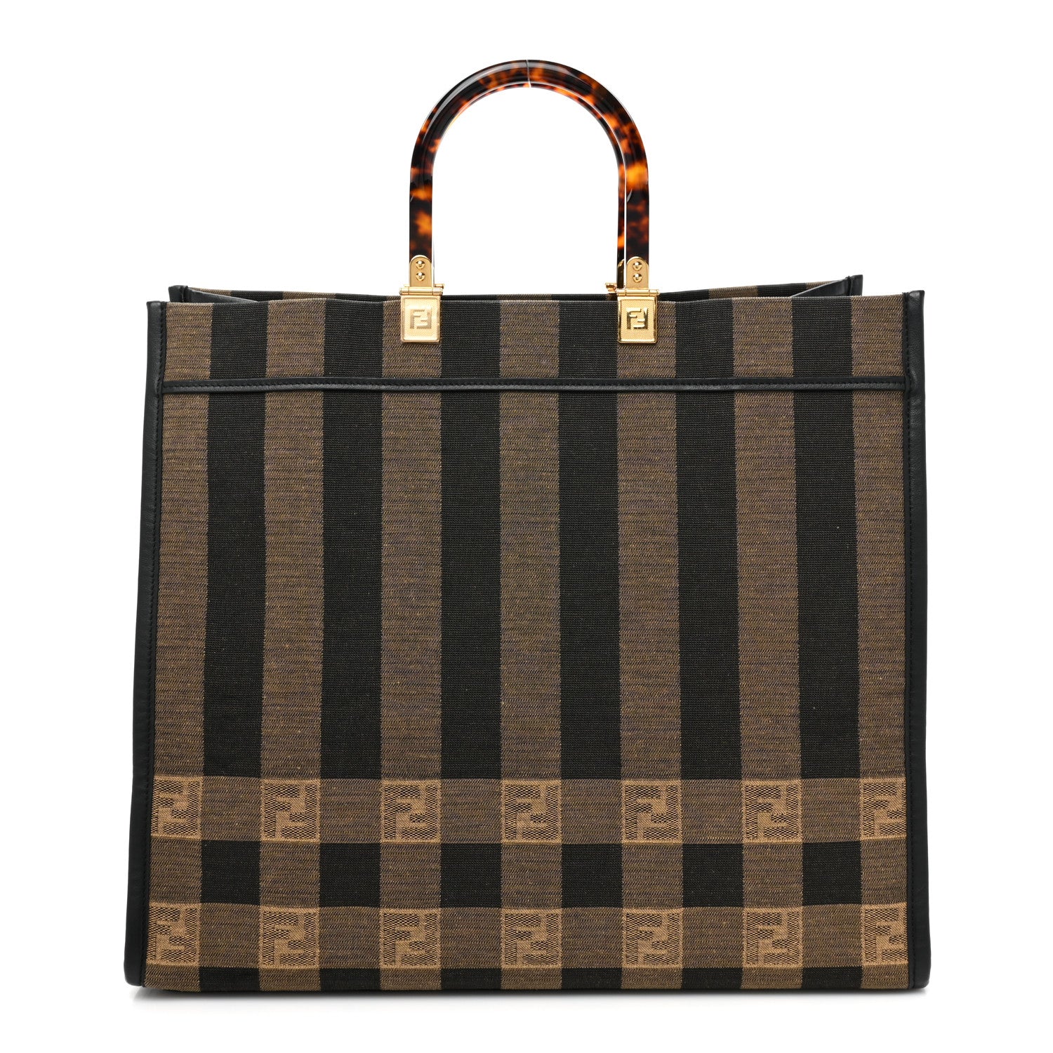 Fendi Fabric Jacquard Vitello Seta Plexiglass Pequin Gingham Large Fendi Sunshine Shopper Tote Tobacco Moro Black 1 of 14