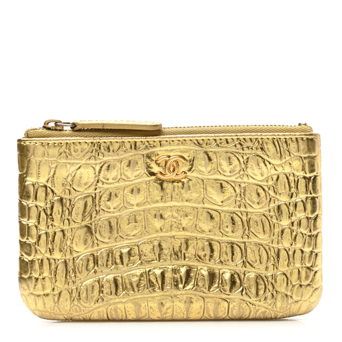 Metallic Calfskin Crocodile Embossed Cocodile Small Cosmetic Case Gold