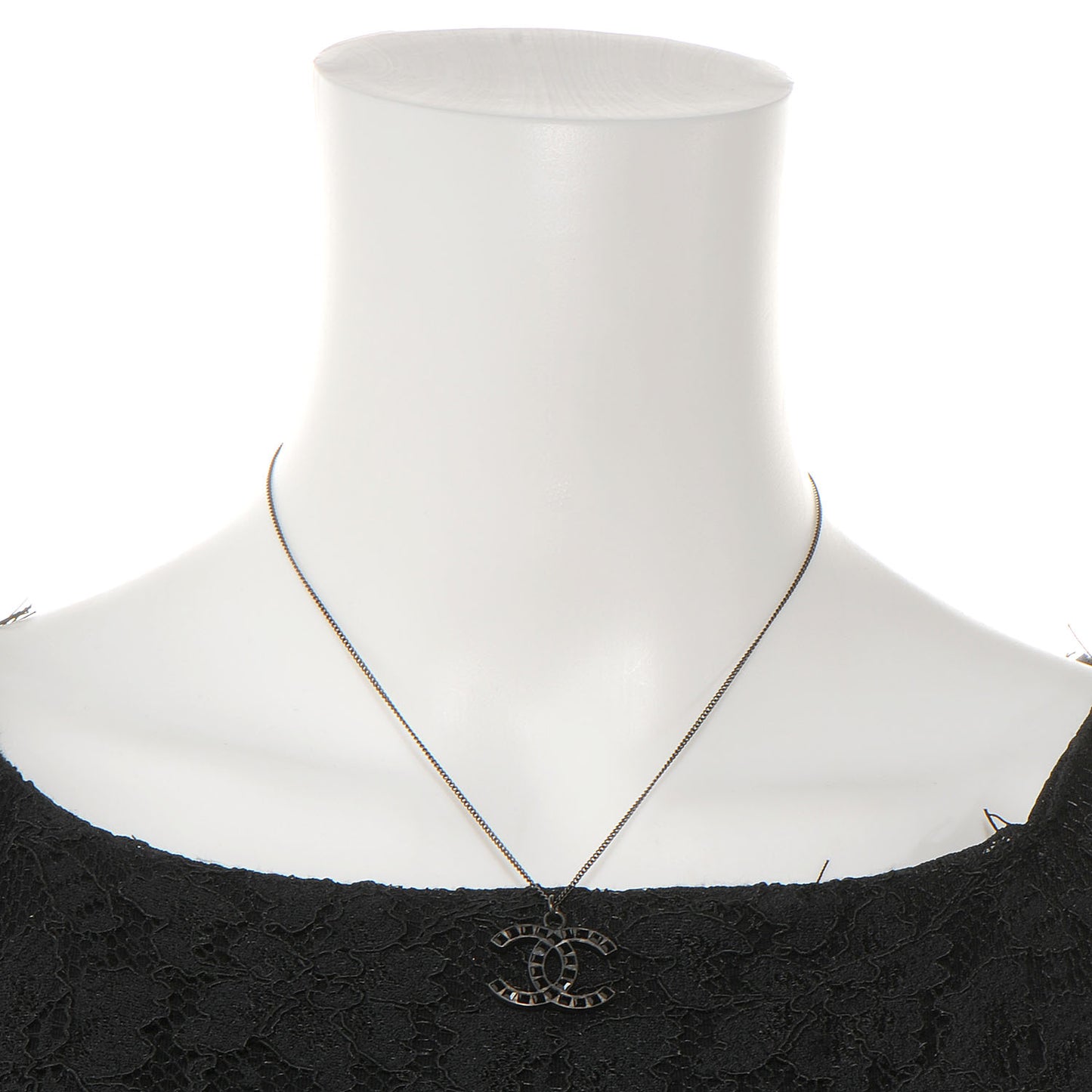 Crystal Studded CC Necklace Dark Silver Black