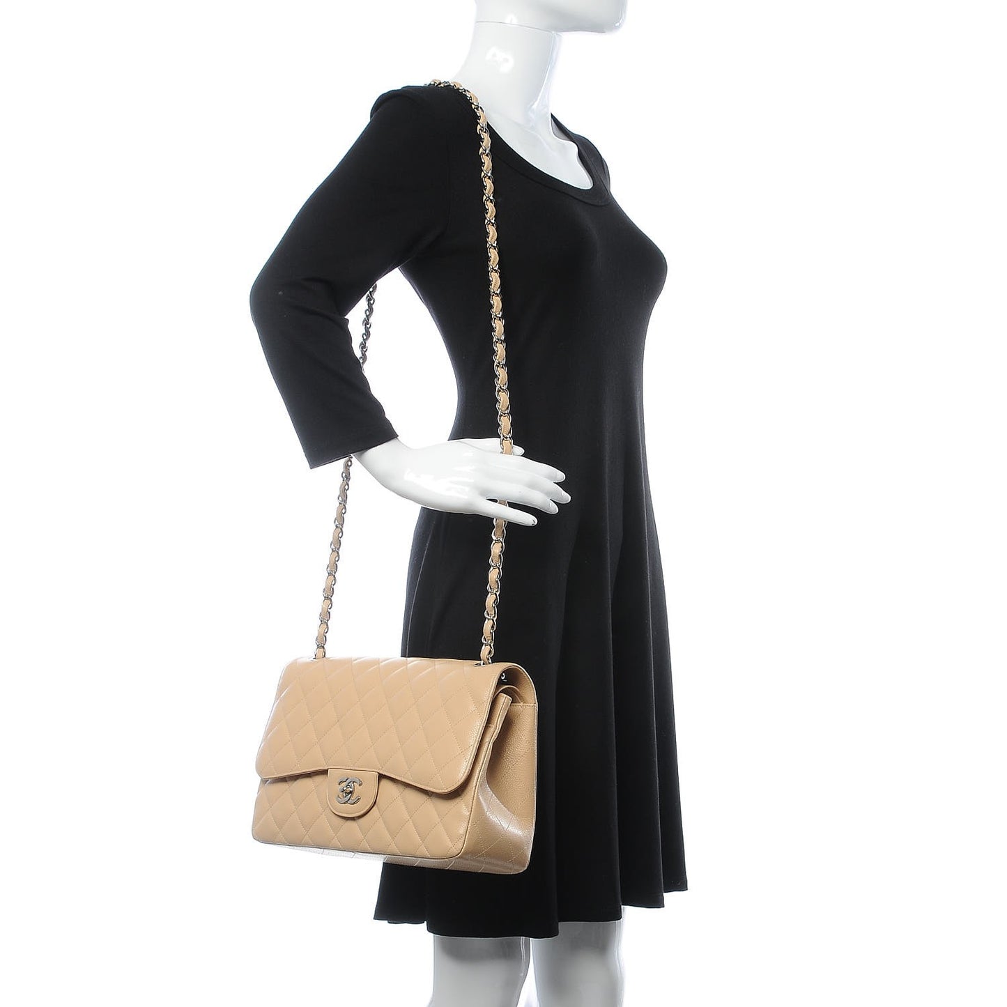 Caviar Quilted Jumbo Double Flap Light Beige