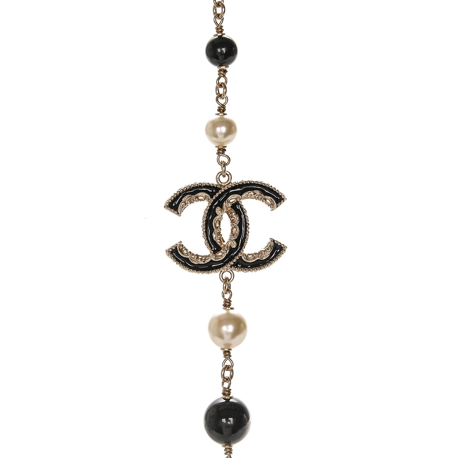 Chanel Pearl Bead Enamel CC Long Necklace Black Gold 4 of 6