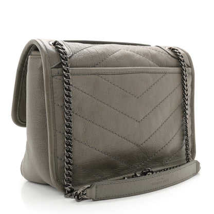 Saint Laurent Crinkled Calfskin Matelasse Monogram Baby Niki Chain Satchel Grey Kaki 3 of 10