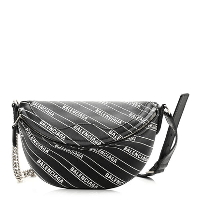Balenciaga Calfskin Diagonal Allover Logo Print XXS Souvenir Belt Bag Black White 1 of 11