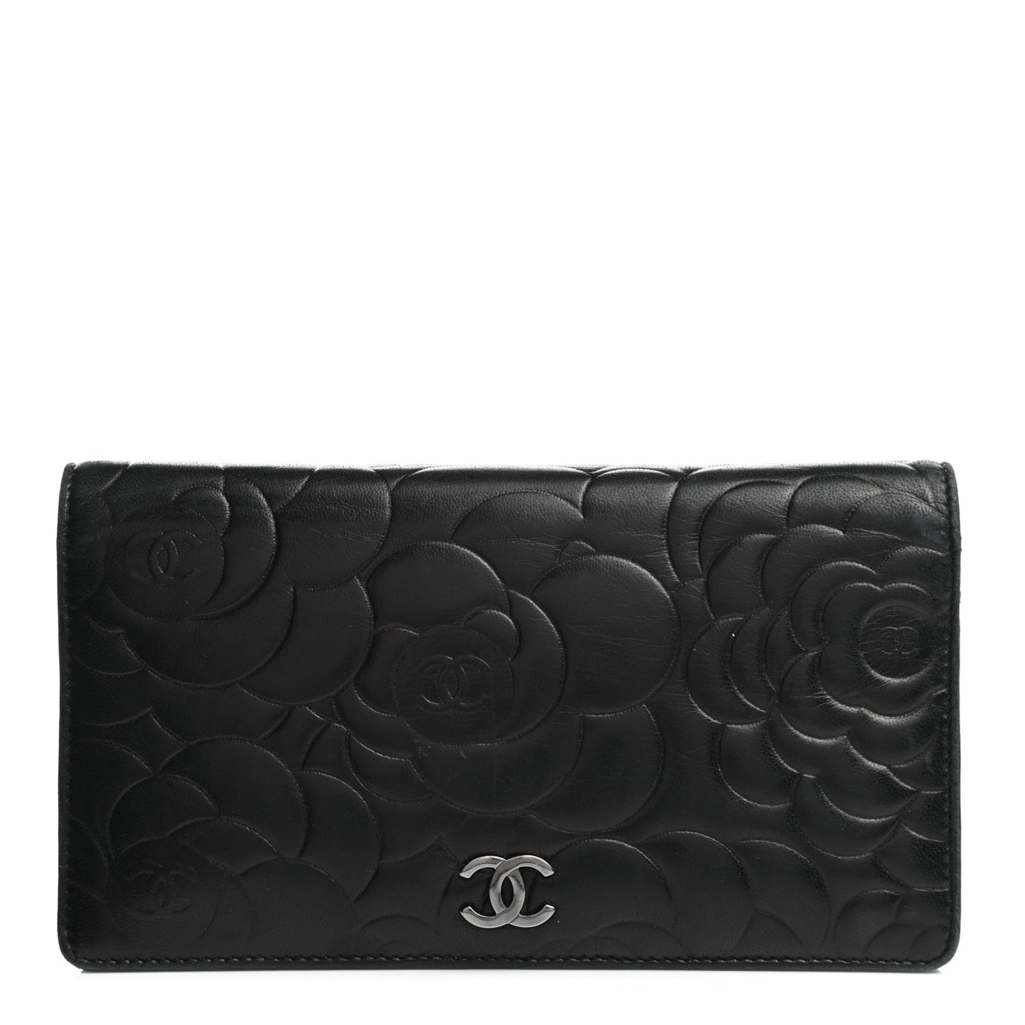 Lambskin Camellia Embossed Yen Wallet Black