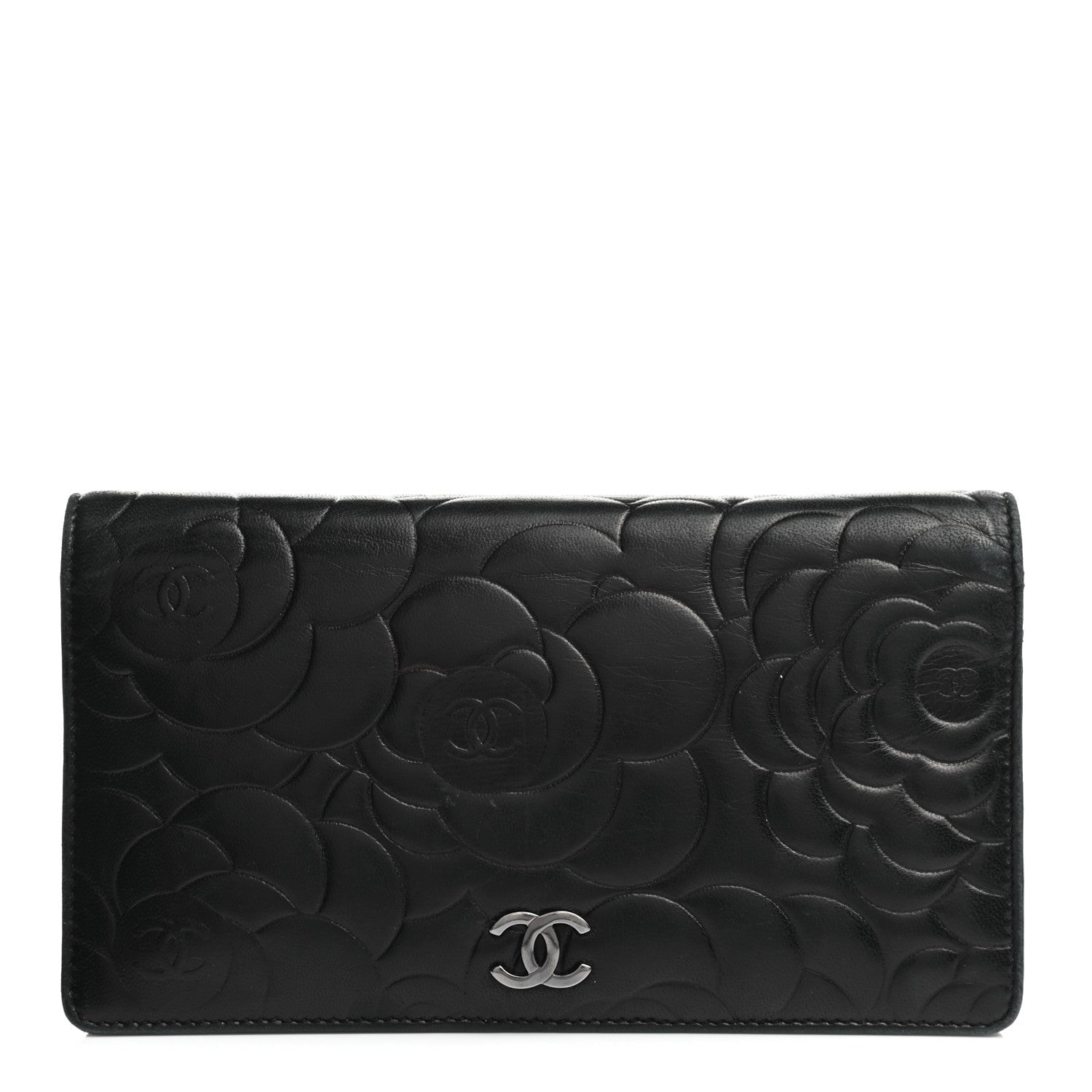 Chanel Lambskin Camellia Embossed Yen Wallet Black 1 of 8