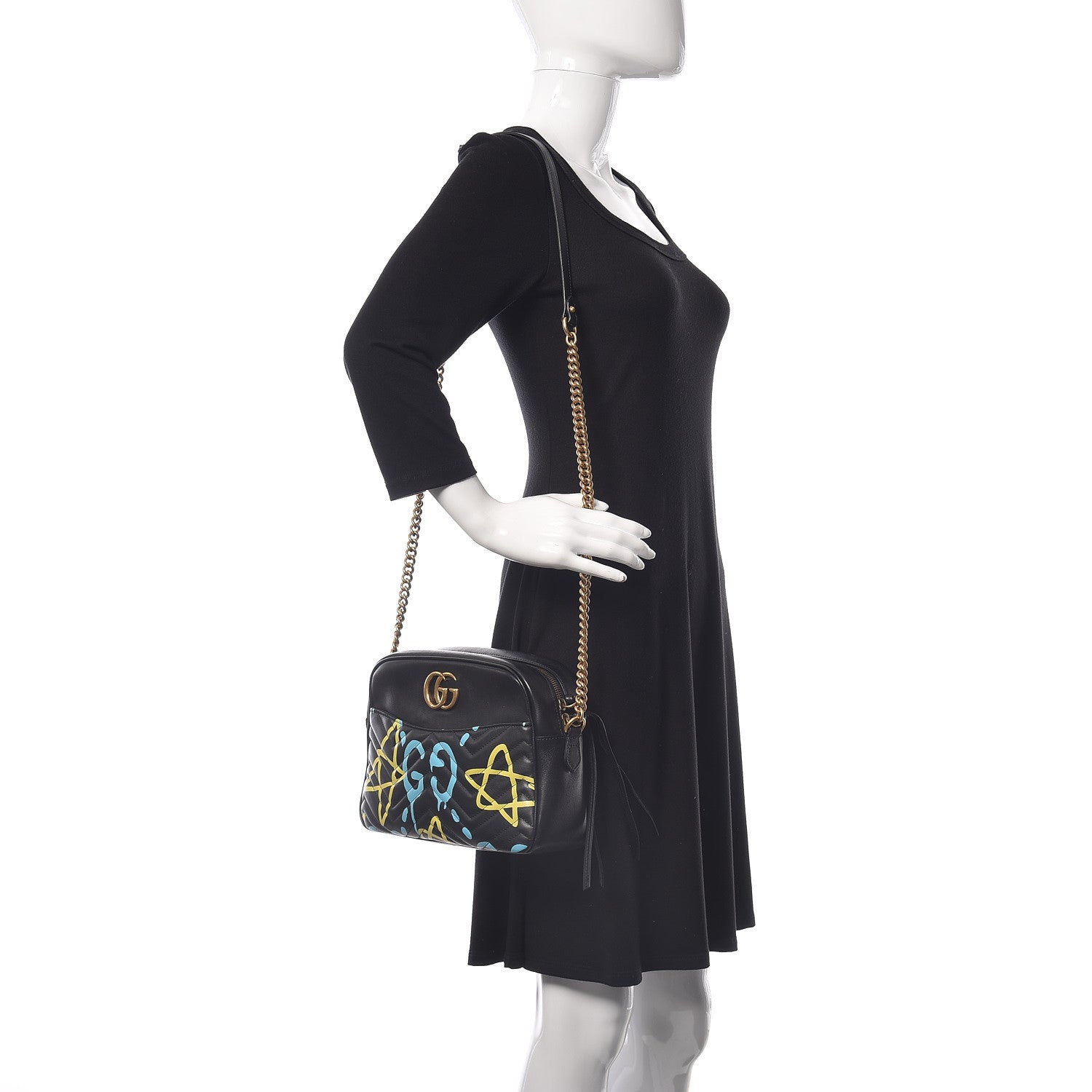 Gucci Calfskin Matelasse GucciGhost Medium GG Marmont Chain Shoulder Bag Black New Acquamarine 2 of 10