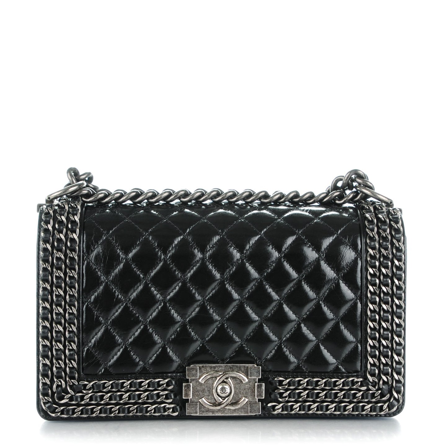 Glazed Calfskin Quilted Medium Boy Chained Flap Black