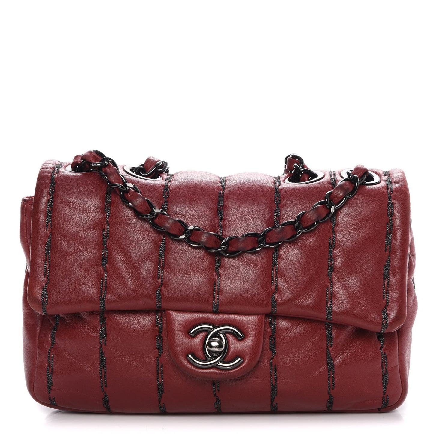 Lambskin Vertical Stitch Mini Flap Dark Red