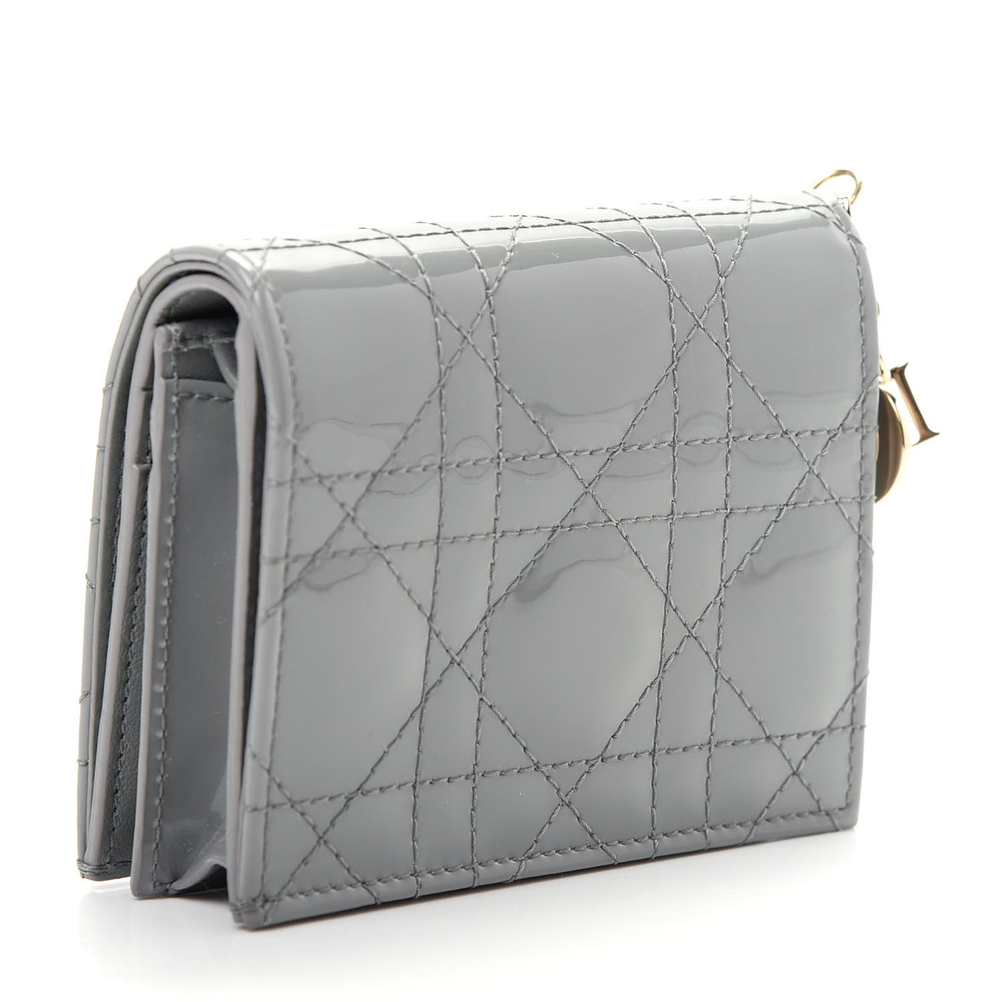 Patent Cannage Mini Lady Dior Wallet Gray Stone
