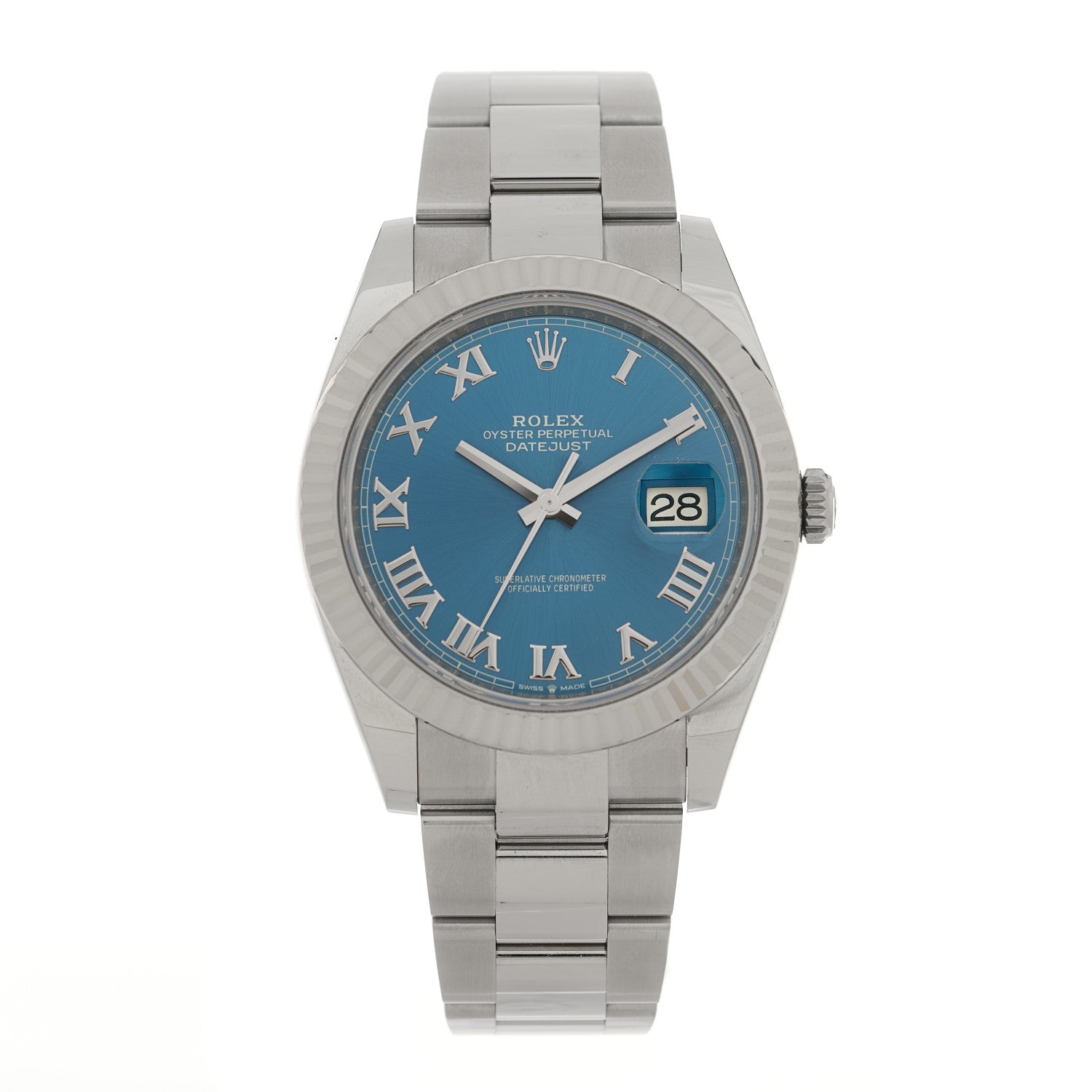 Rolex Stainless Steel 18K White Gold 41mm Oyster Perpetual Datejust Watch Azzurro Blue Roman 126334 1 of 5