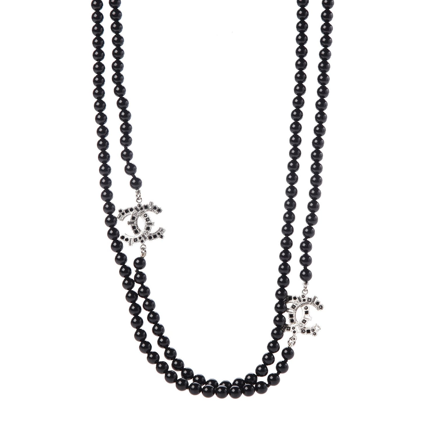 Baguette Crystal Beaded CC Long Necklace Black Silver