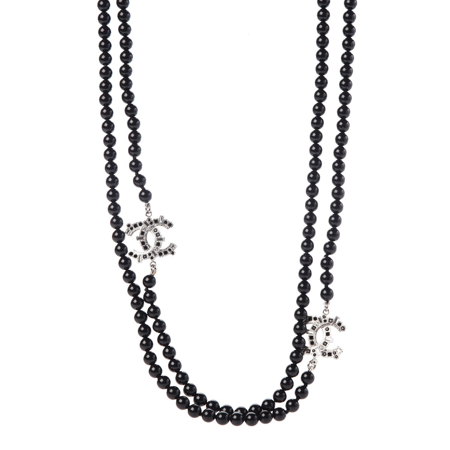 Chanel Baguette Crystal Beaded CC Long Necklace Black Silver 1 of 6