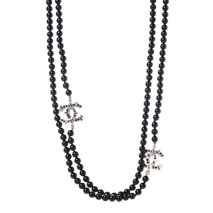 Chanel Baguette Crystal Beaded CC Long Necklace Black Silver 1 of 6