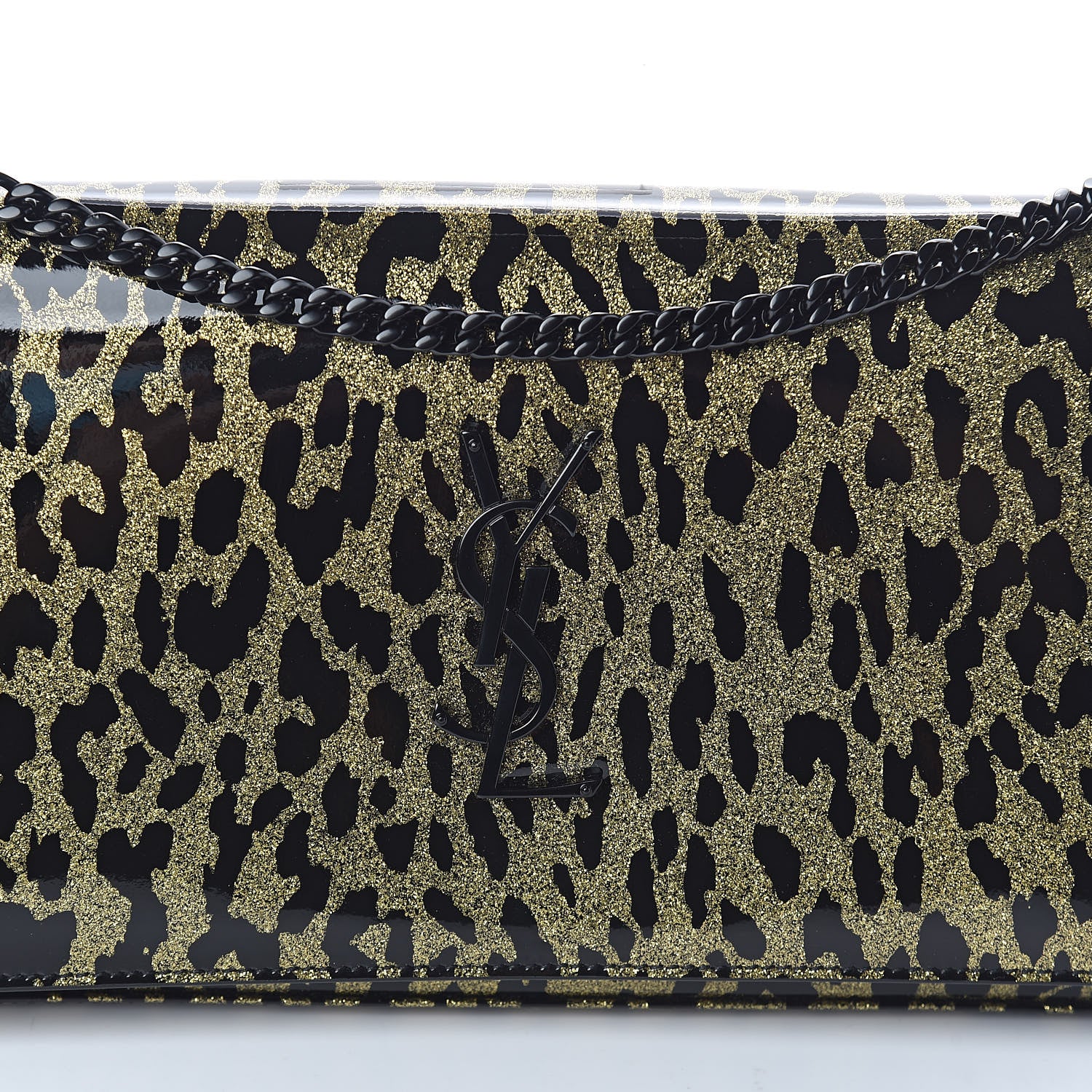 Saint Laurent Patent Leopard Print Monogram Chain Wallet Black Gold 7 of 11