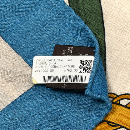 Hermes Cashmere Silk Eperon D'Or Shawl 140 Bleu Cobalt Naturel Vieil Or 3 of 6