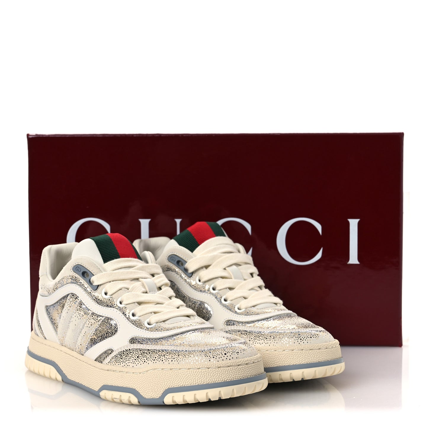 Glitter Kid Scamosciato Nappa Womens Re-Web Sneakers  37.5  White Gold Silver