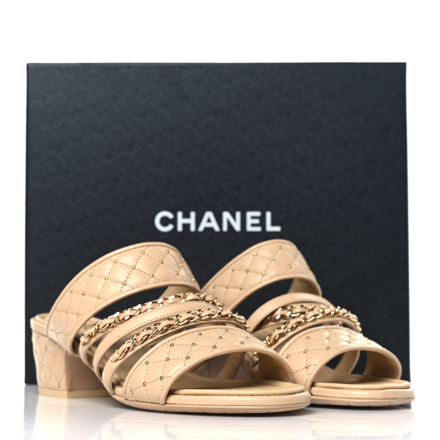 Lambskin Quilted Chain Mule Sandals 39 Beige