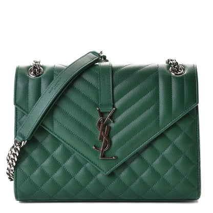 Saint Laurent Grain De Poudre Textured Mixed Matelasse Triquilt Medium Monogram Satchel Green 1 of 9