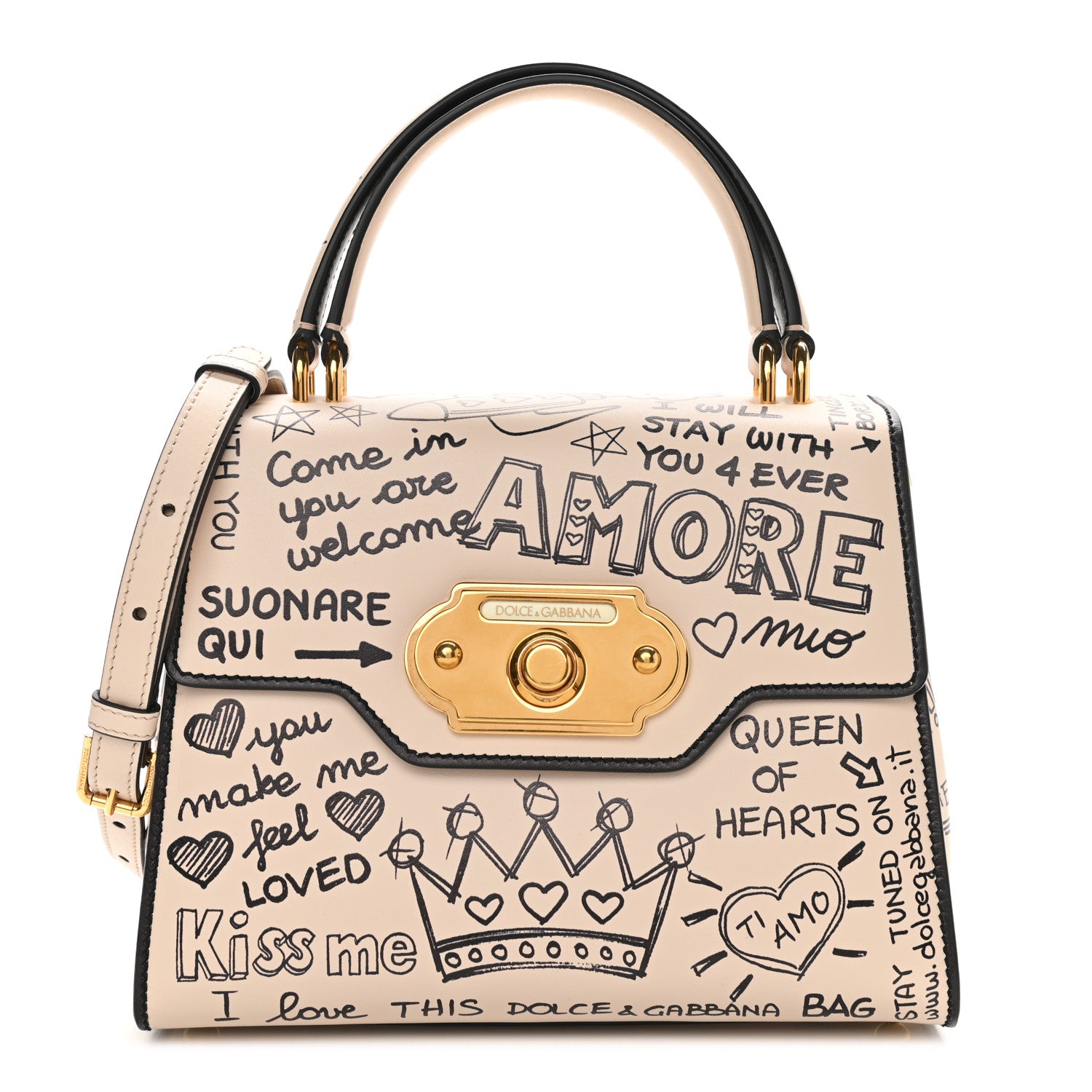 Dolce & Gabbana Calfskin Graffiti Printed Welcome Satchel White Black 1 of 10