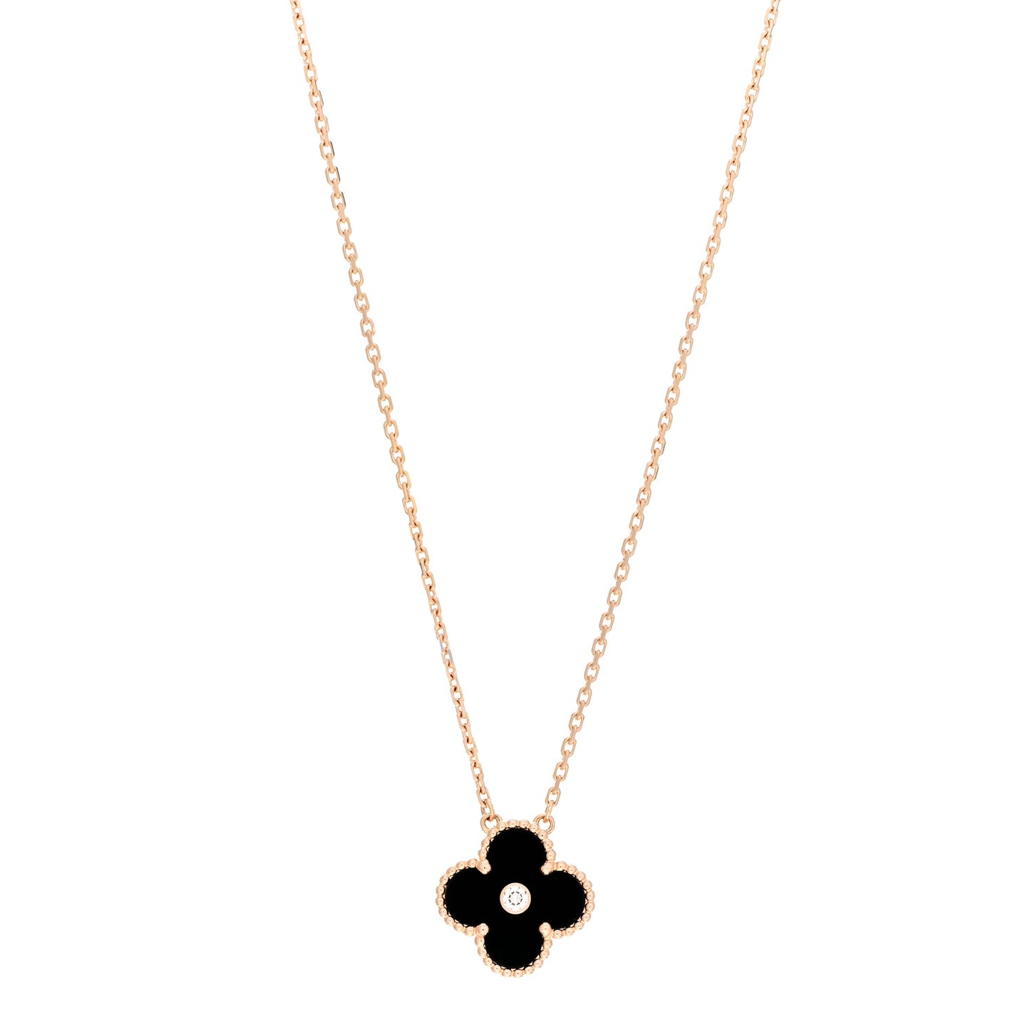 18K Rose Gold Diamond Black Onyx Vintage Alhambra Pendant Necklace