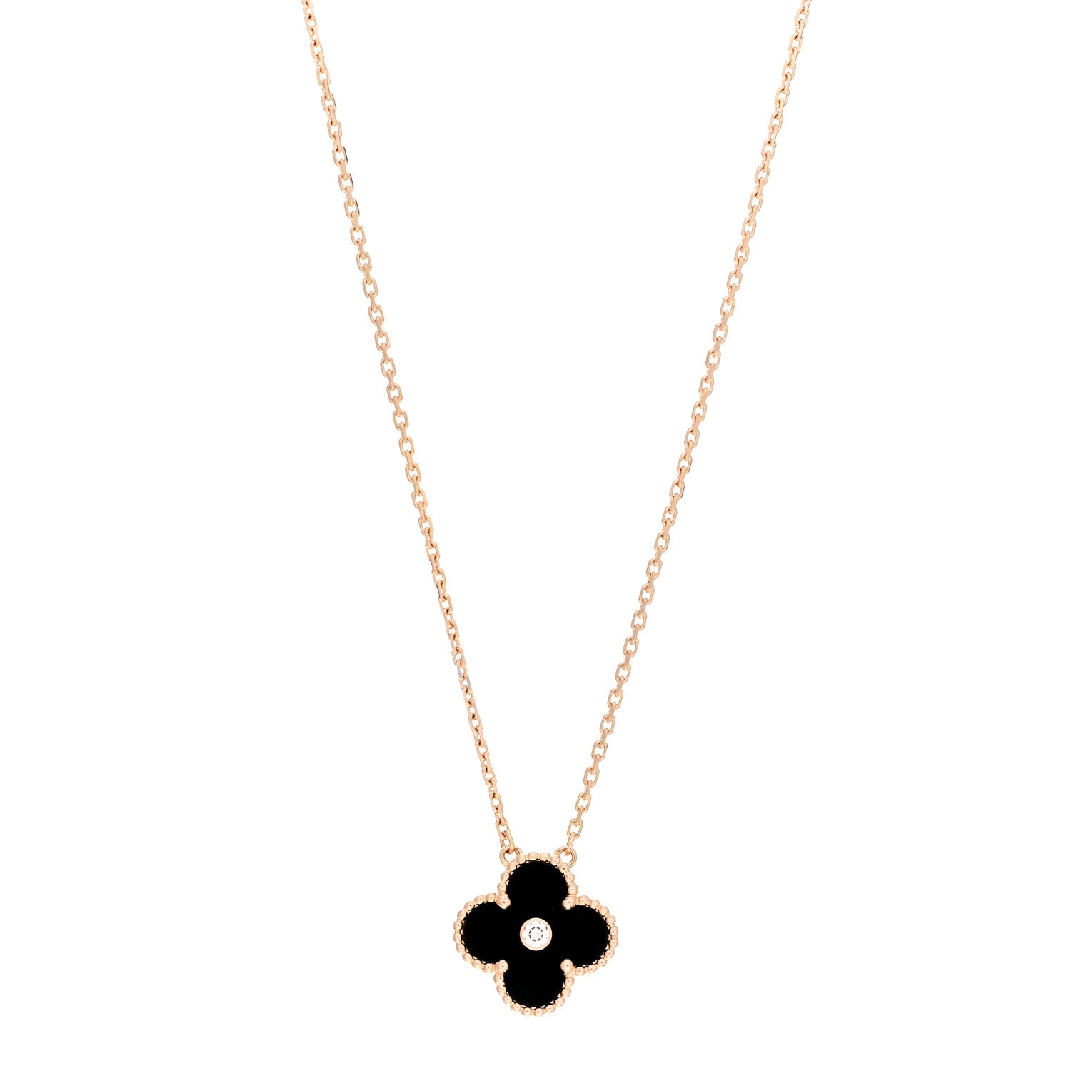 Van Cleef & Arpels 18K Rose Gold Diamond Black Onyx Vintage Alhambra Pendant Necklace 1 of 6
