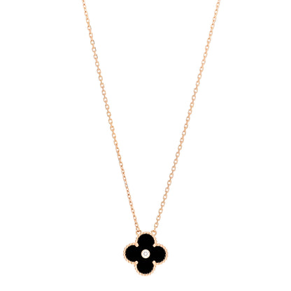 Van Cleef & Arpels 18K Rose Gold Diamond Black Onyx Vintage Alhambra Pendant Necklace 1 of 6