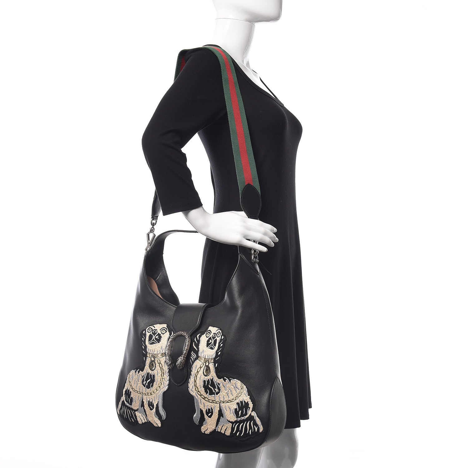 Gucci Calfskin Web Dog Embroidered Large Dionysus Hobo Black 2 of 10