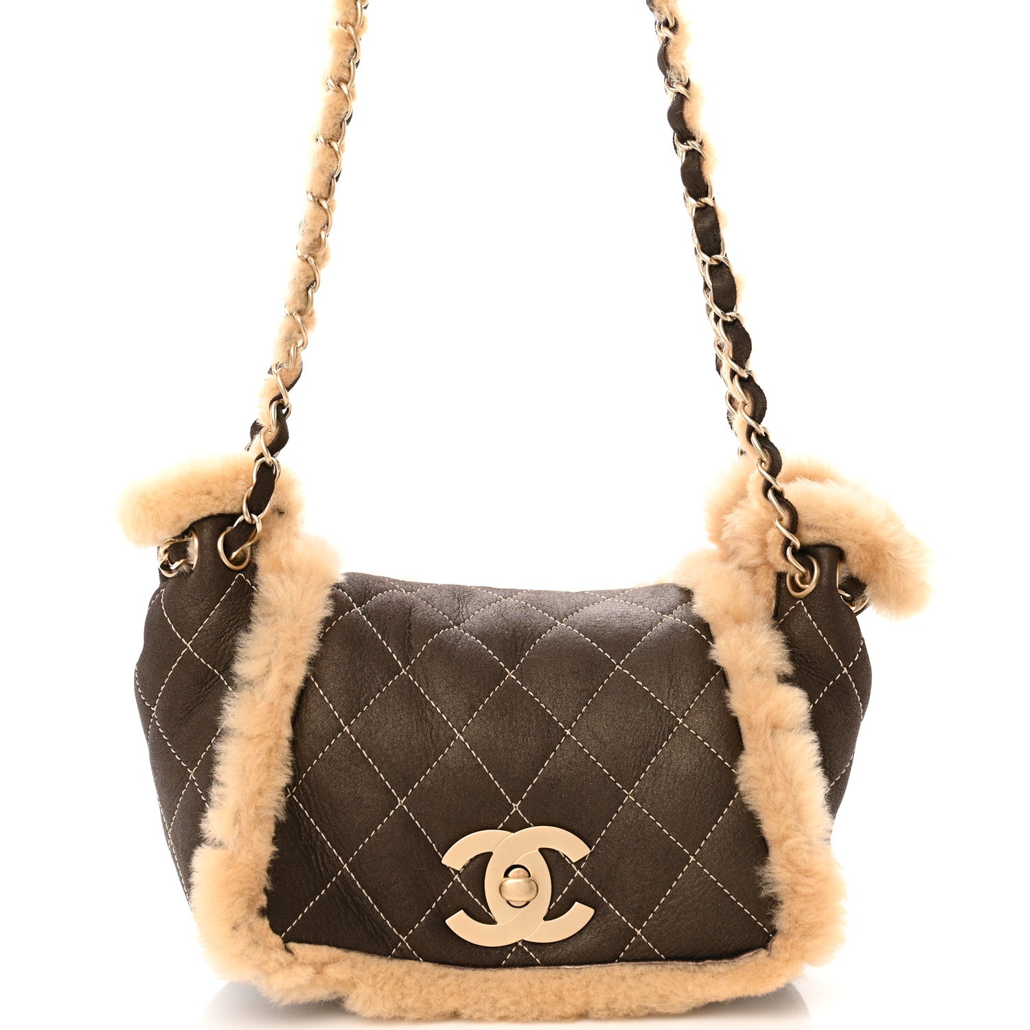 Chanel Shearling Suede Quilted Small Fur Flap Metallic Bronze 8 of 12