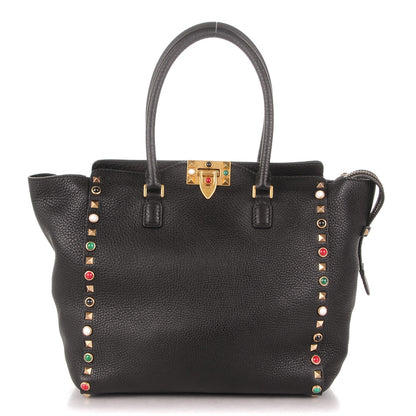 Valentino Garavani Pebbled Calfskin Rockstud Rolling Double Handle Tote Black 1 of 7