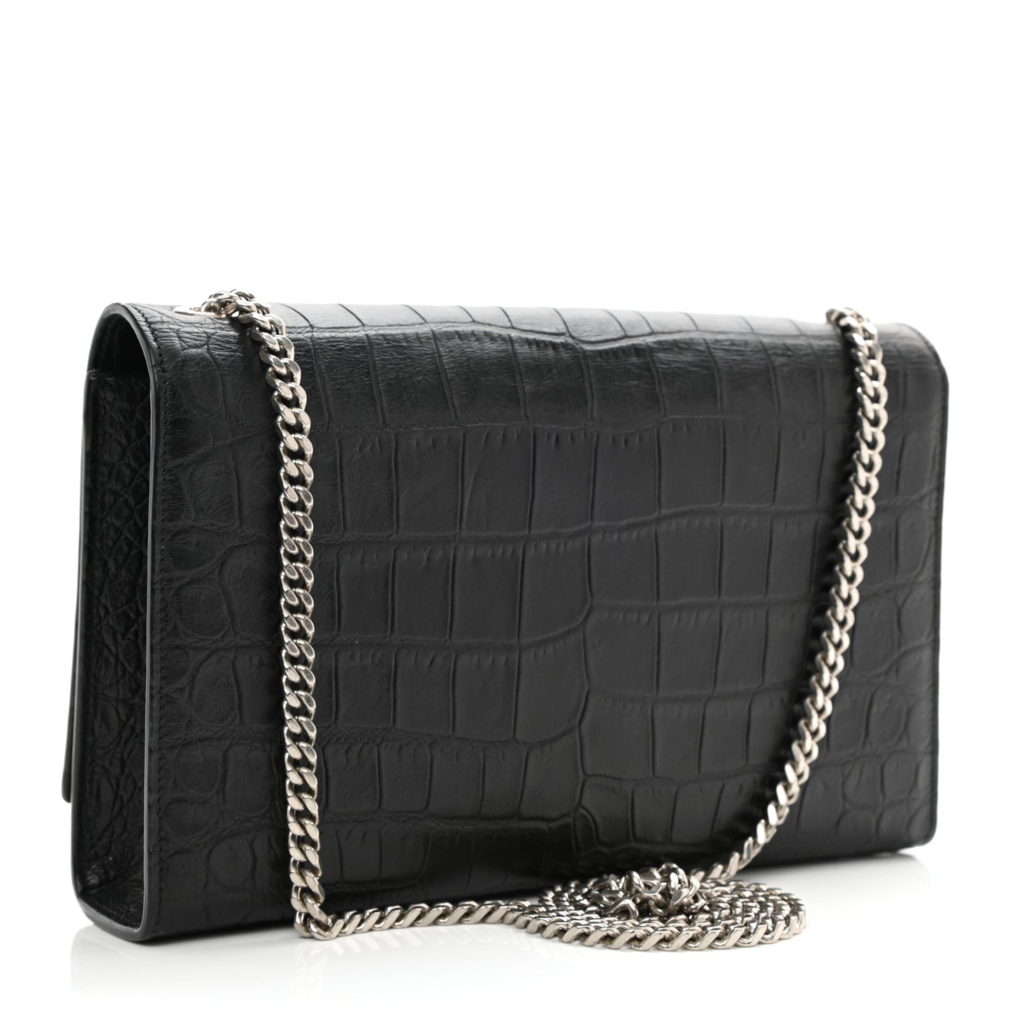 Calfskin Crocodile Embossed Medium Classic Monogram Kate Tassel Satchel Black