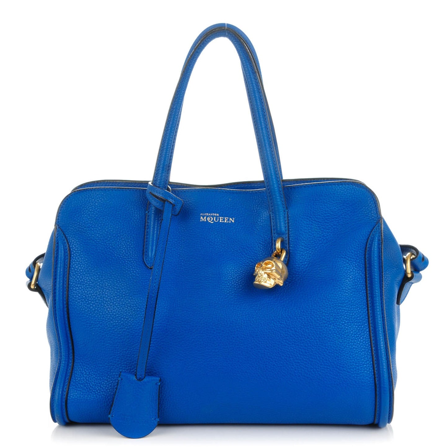 Pebbled Calfskin Small Skull Padlock Zip Around Tote Blue