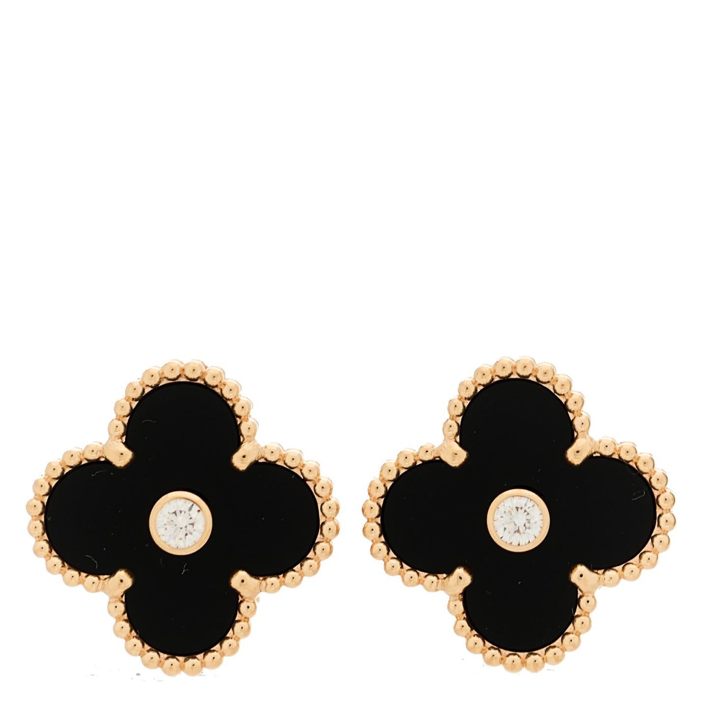 18K Rose Gold Diamond Black Onyx Vintage Alhambra Earrings