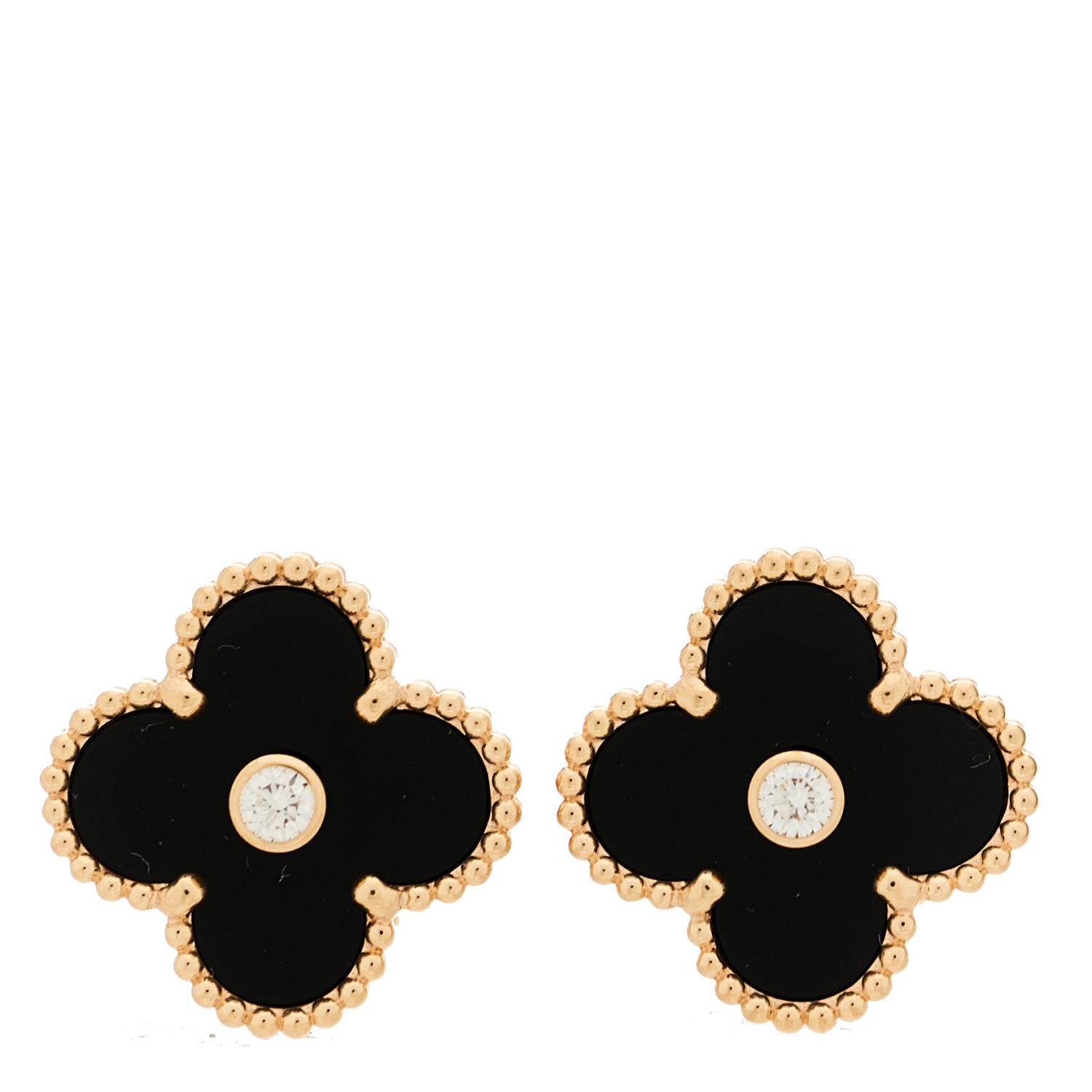 Van Cleef & Arpels 18K Rose Gold Diamond Black Onyx Vintage Alhambra Earrings 1 of 5