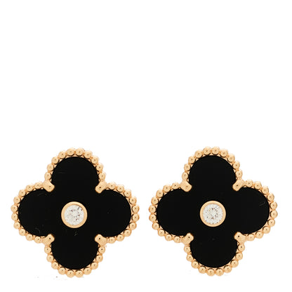 Van Cleef & Arpels 18K Rose Gold Diamond Black Onyx Vintage Alhambra Earrings 1 of 5