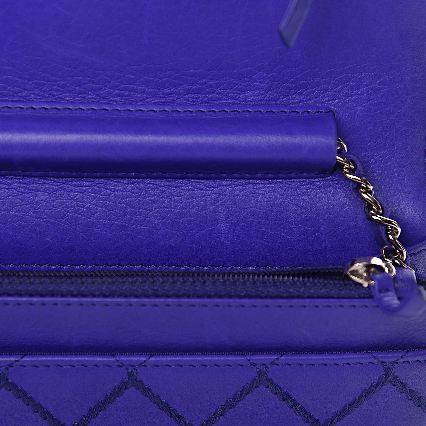 Calfskin Quilted Fancy CC Wallet On Chain WOC Blue
