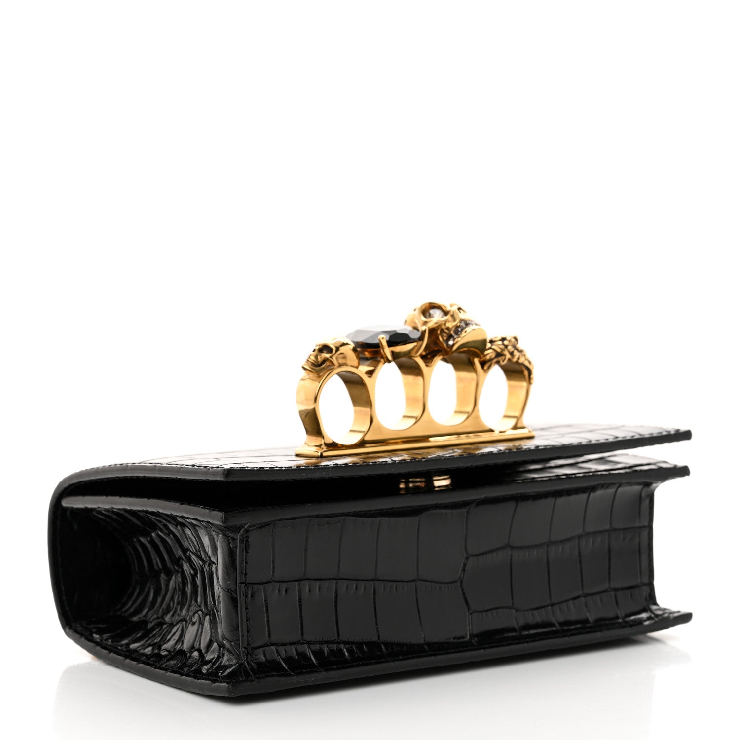 Alexander McQueen Shiny Crocodile Embossed Jeweled Satchel Black 4 of 11