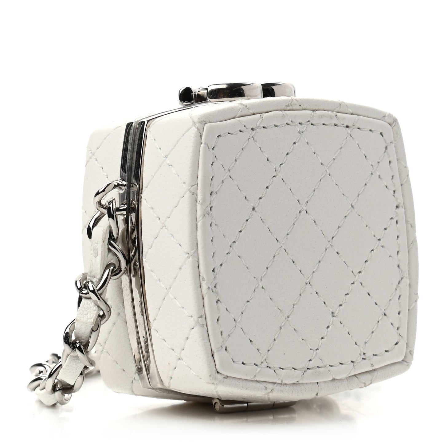 Patent Goatskin Quilted Clutch With Chain White