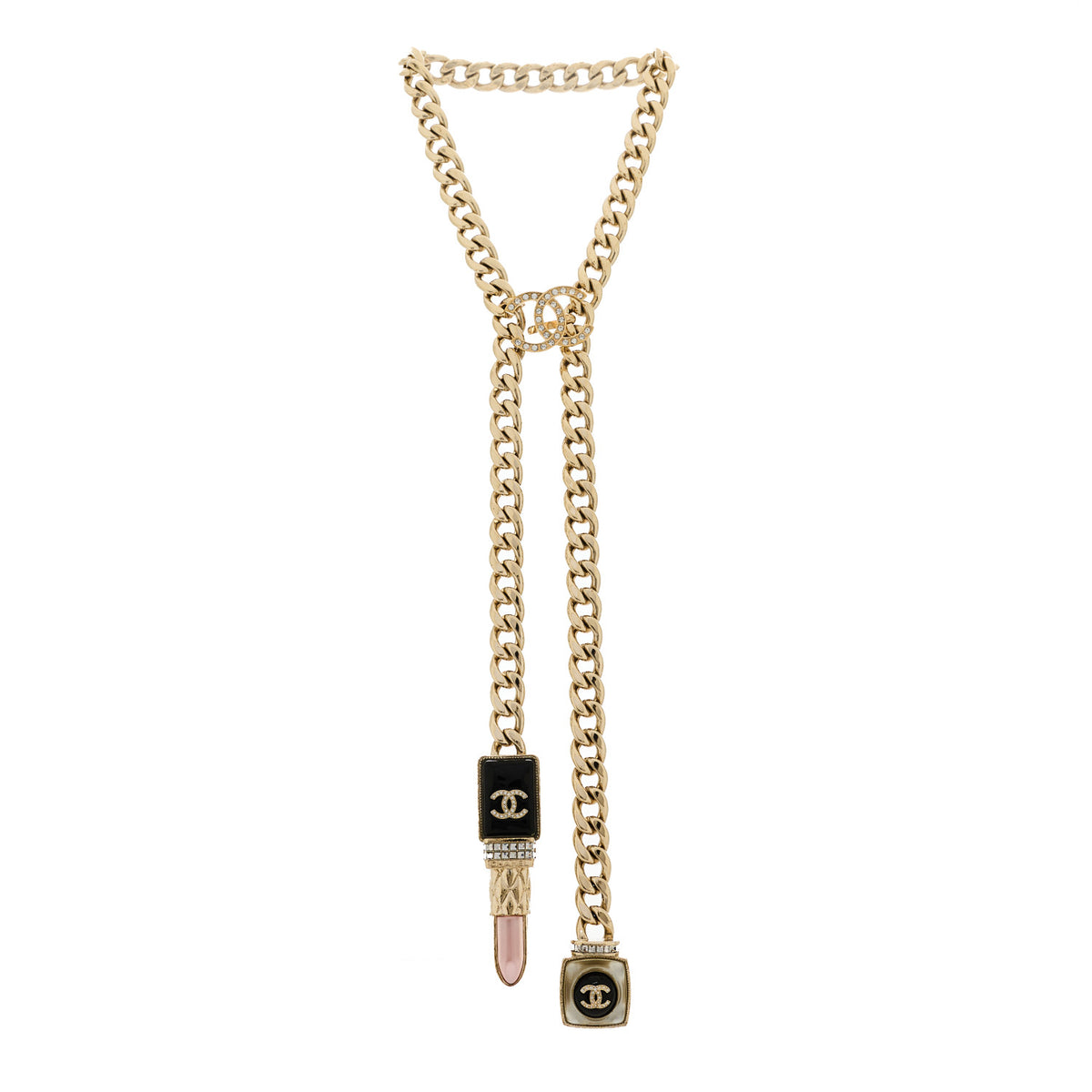Metal Strass Pearl Lipstick Necklace Pink Gold