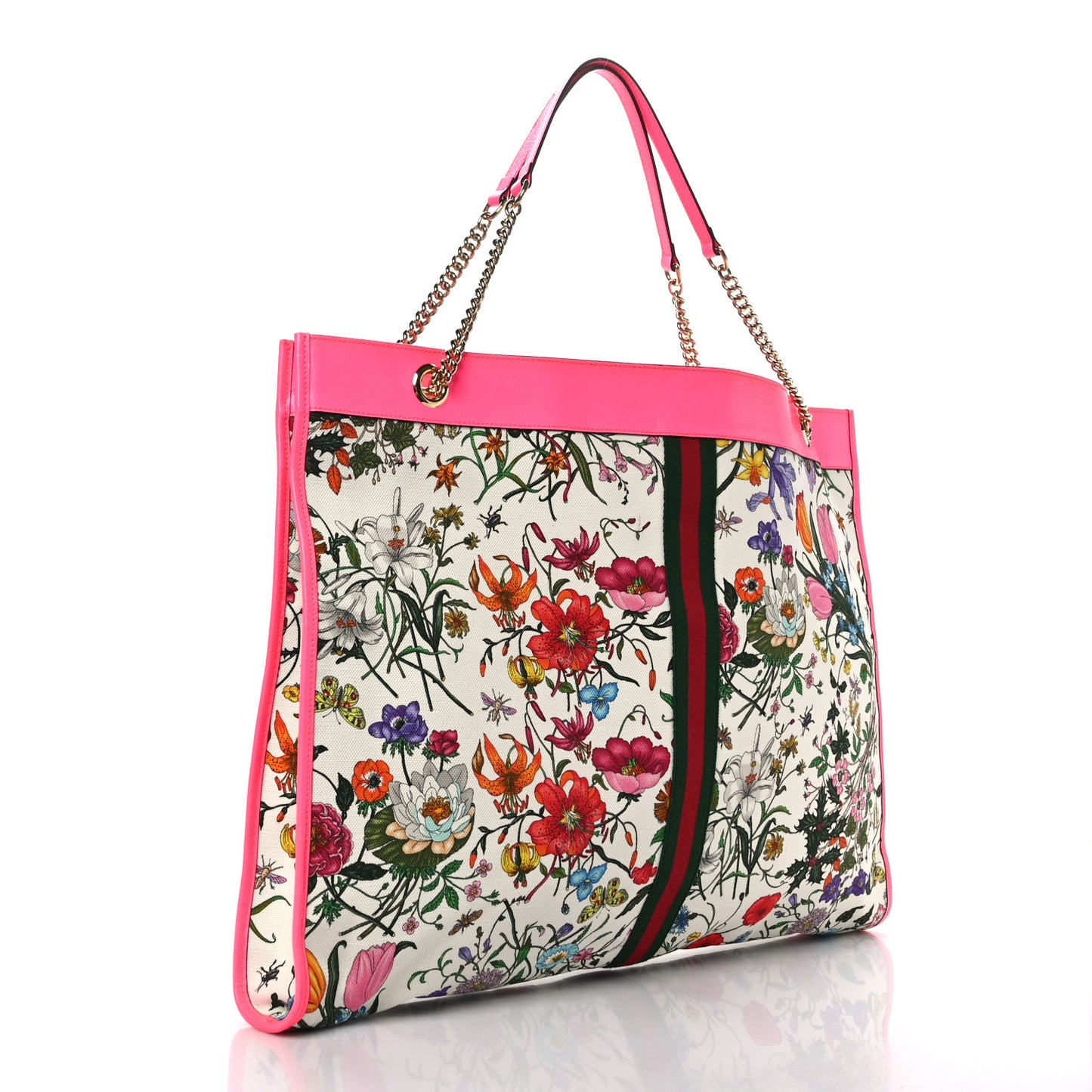Canvas Flora Large Rajah Chain Tote White Multicolor Fuxia Fluo